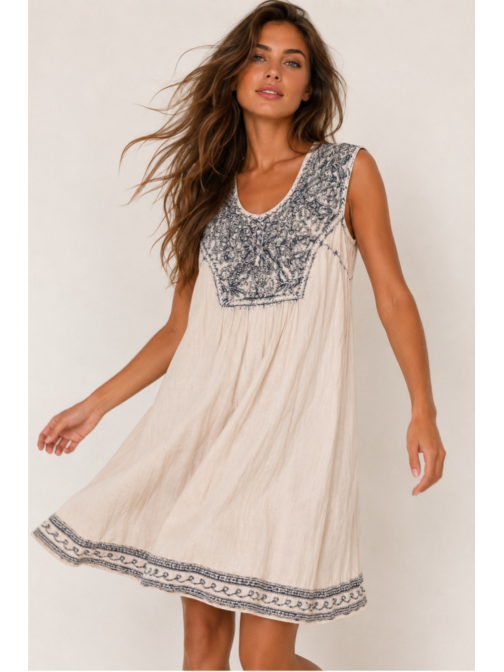 Earthbound Cotton Embroidered Length Dress Boho Parisian Quiet Luxury Artisan M